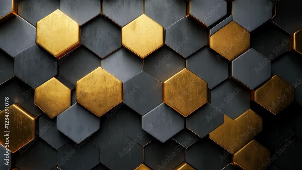 Poster shimmering gold and black geometric tiles creating dynamic visual movement in modern design