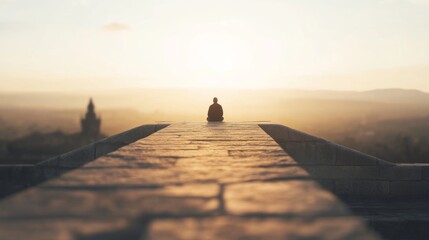 Solitary figure sits on a stone wall at sunset overlooking a hazy cityscape.