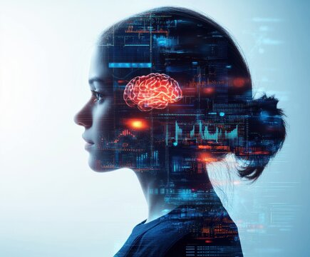 This image illustrates the intersection of human consciousness and technology, depicting a woman’s profile with a glowing brain integrated into a digital landscape.