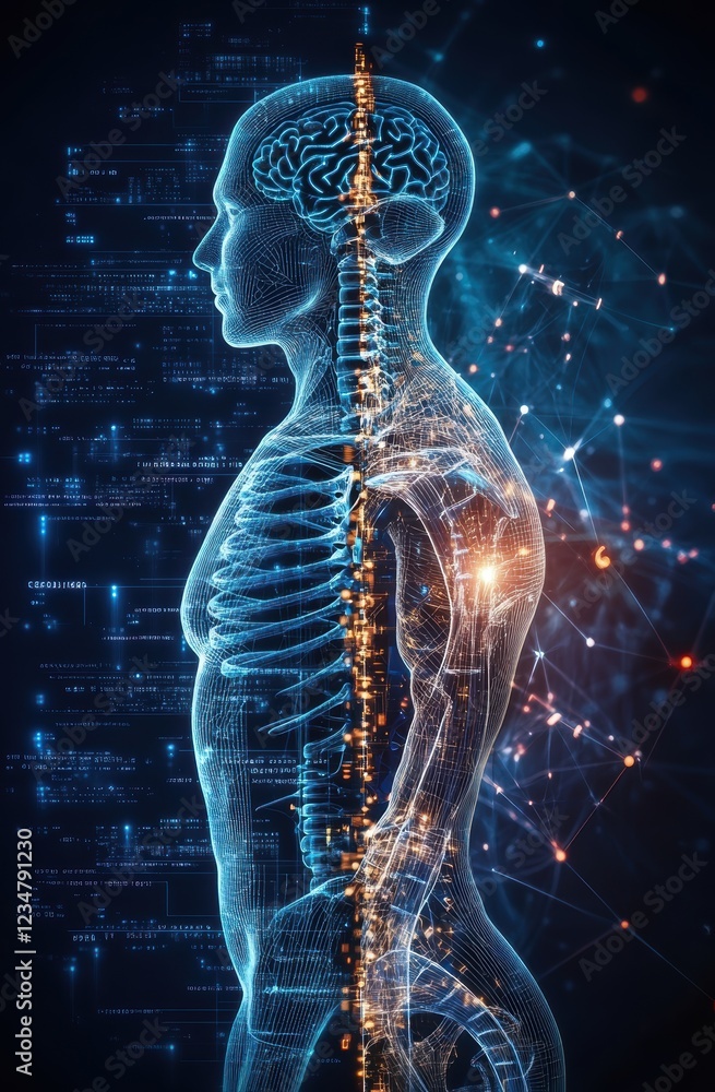 Poster a stunning digital representation of the human form, illustrating the intricate connection between t