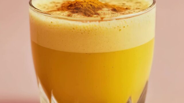 Frothy turmeric latte in glass with cinnamon topping on pink background