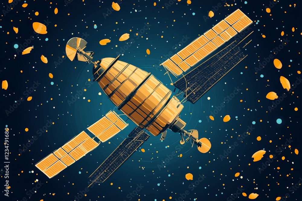 Poster Exploration of a modern satellite orbiting through a starry backdrop with floating particles in space