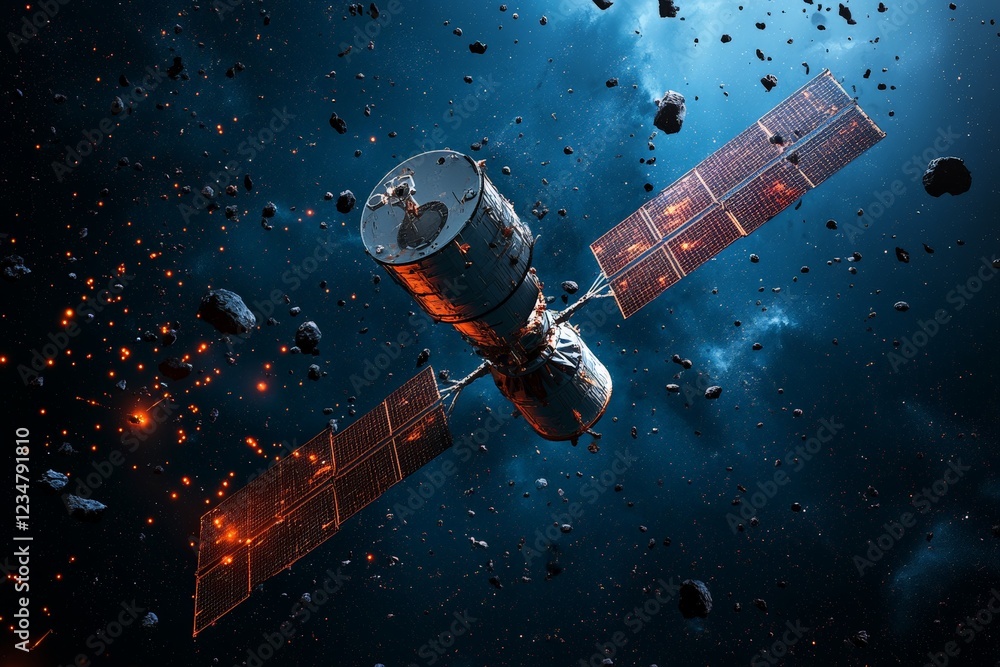 Aufkleber satellite orbits through a field of asteroids in a dramatic cosmic environment