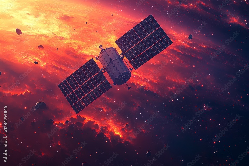 Fototapete high-resolution satellite navigating through vibrant cosmic clouds and asteroids in deep space