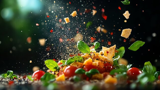 A pile of various international foods with colorful dishes flying out and scattered around on a white background