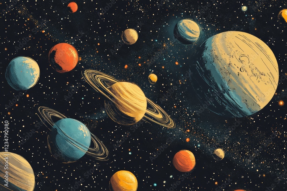 Leinwandbilder colorful representation of a solar system with diverse planets and their unique features in a dark s