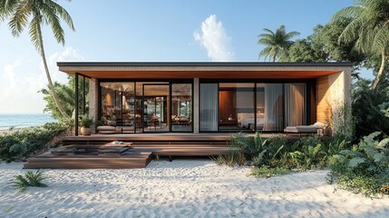 beach front bungalow with tropical resort vibes available for rent at a beautiful seaside hotel, perfect for ocean view vacation stay and luxury holiday destination getaway with serene lodging experie