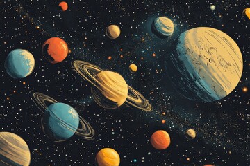 Colorful representation of a solar system with diverse planets and their unique features in a dark starry background