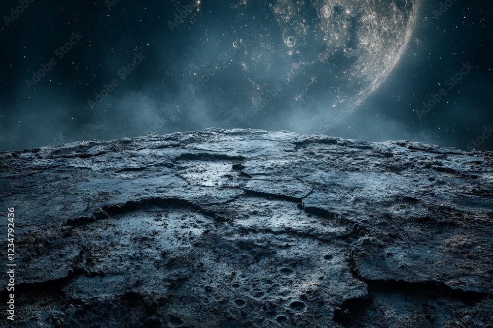 Aufkleber surface of a distant moon with a dramatic view of a large planet in the night sky