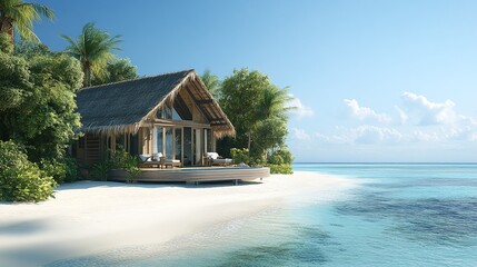 beach front bungalow with tropical resort vibes available for rent at a beautiful seaside hotel, perfect for ocean view vacation stay and luxury holiday destination getaway with serene lodging experie