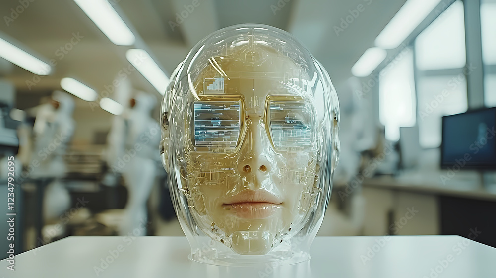 Aufkleber artificial intelligence robotic head with transparent exterior, featuring intricate circuits and dig