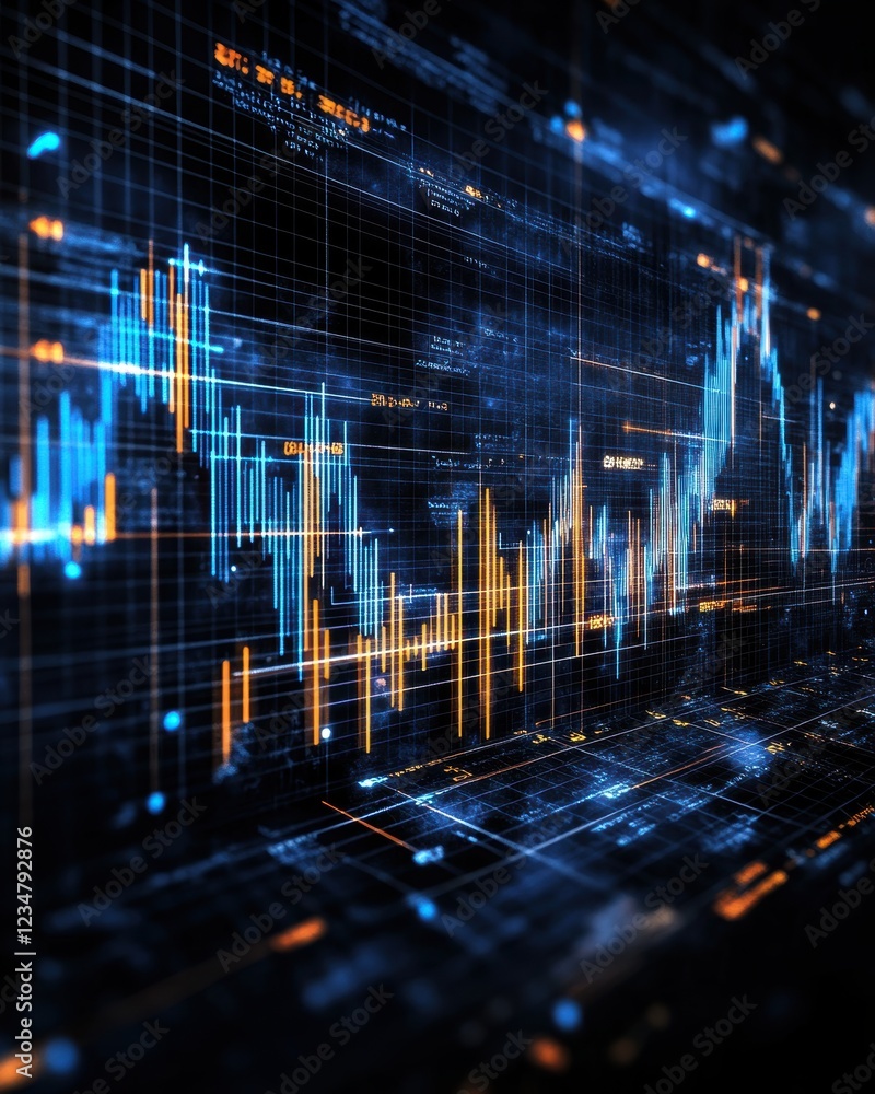 Poster a stunning visual representation of data trends, showcasing fluctuating graphs and illuminated data 