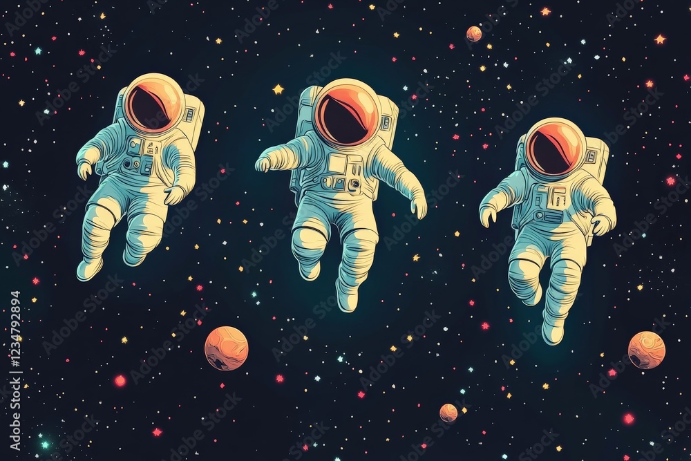 Poster Three astronauts floating in space surrounded by stars and planets in a colorful cosmic setting