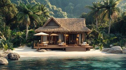 beach front bungalow with tropical resort vibes available for rent at a beautiful seaside hotel, perfect for ocean view vacation stay and luxury holiday destination getaway with serene lodging experie