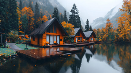 Fototapeta premium Autumn lake cabins, mountain view, misty day, travel