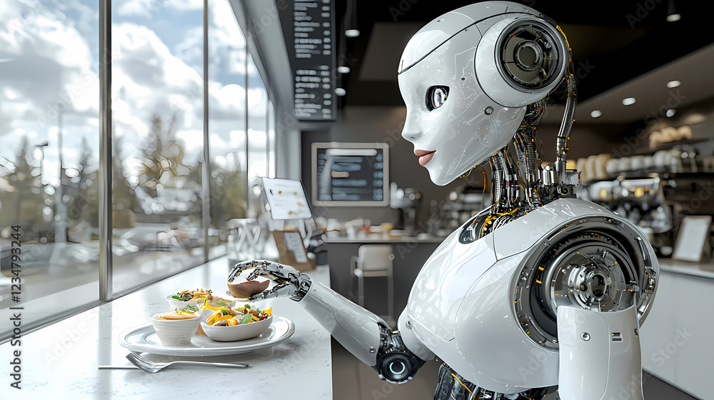 Poster robot in modern caf? setting serving dishes on a table by the window with natural light pouring in, 