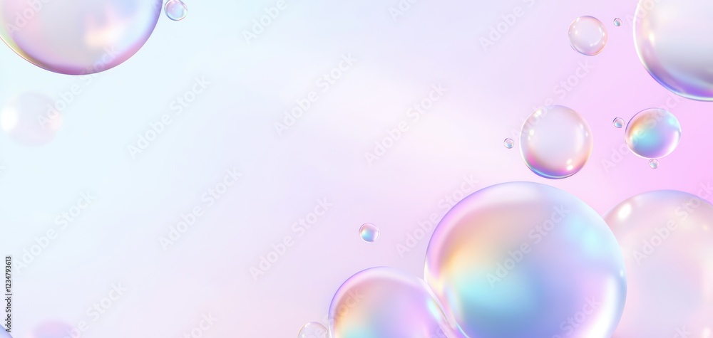Poster a soft pastel background with floating iridescent bubbles, creating a dreamy and whimsical atmospher