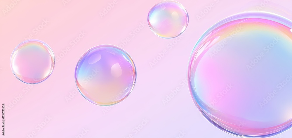 Poster a serene pastel background featuring colorful soap bubbles of varying sizes, reflecting light and cr