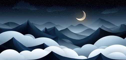 Obraz premium A serene night landscape featuring mountains, clouds, and a crescent moon under a starry sky, evoking tranquility and a sense of wonder.