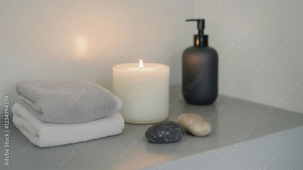 Poster a candle is lit on a counter next to a bottle of lotion and a stack of towels