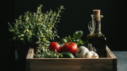 A wooden tray with a variety of vegetables and herbs, including tomatoes, garlic