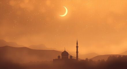 Obraz premium Ramadan night sky illustration with silhouetted backlighting and blurred bokeh effect. Sharp focus on the mosque silhouette, soft background, light source behind the subject.