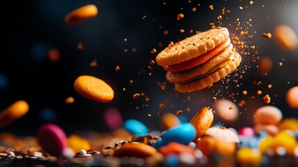 Colorful candies falling from a cookie surrounded by picnic snacks on a table