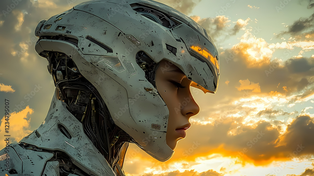 Poster futuristic robot profile against a dramatic sunset with clouds, showcasing intricate design and adva