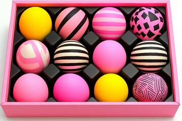 Obraz premium Colorful Decorative Balls in Pink Gift Box with Black Foam Inserts