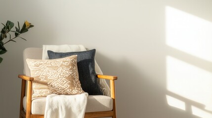 A chair with a white pillow and a black pillow on it