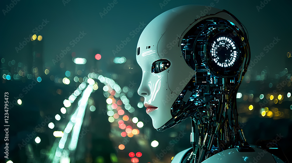 Aufkleber futuristic robot with a sleek design and digital elements set against a city skyline featuring brigh