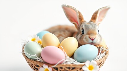 Cute Easter Bunny with Easter Eggs in Bowl - Vibrant Spring Scene