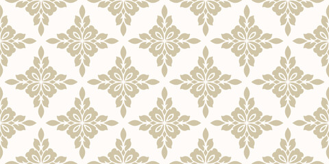 Golden floral ornament. Simple elegant seamless pattern with abstract flower silhouettes, foliage, repeat tiles. Luxury gold and white vector background in damask, oriental style. Exquisite geo design