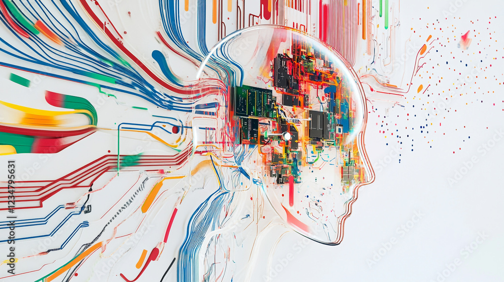 Poster abstract digital mind colorful circuitry brain technology design art data lines style future system