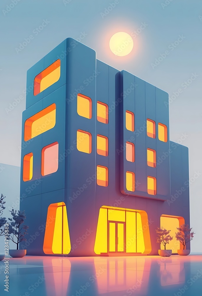 Poster modern building design with illuminated windows and entryway