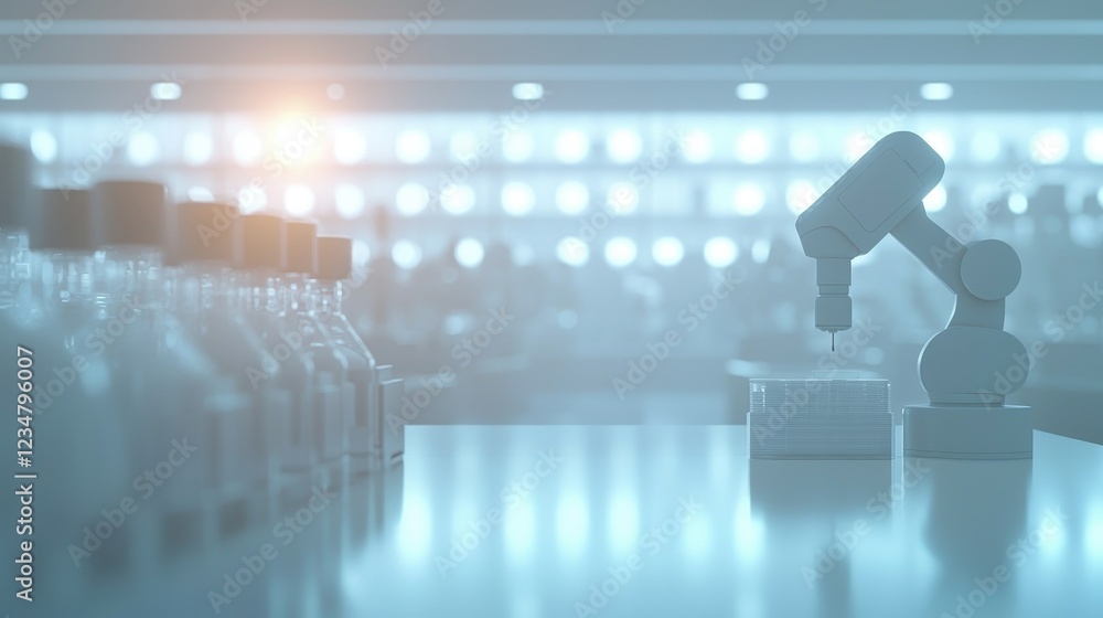 Poster robotic arm in modern laboratory setting with bottles