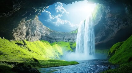 Fototapeta premium Waterfall cave Iceland nature scenic background travel