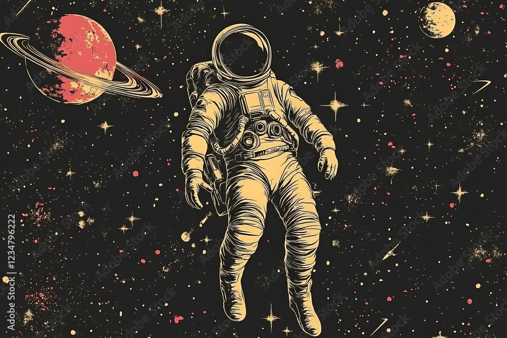Poster Astronaut floating in outer space surrounded by planets and stars at night
