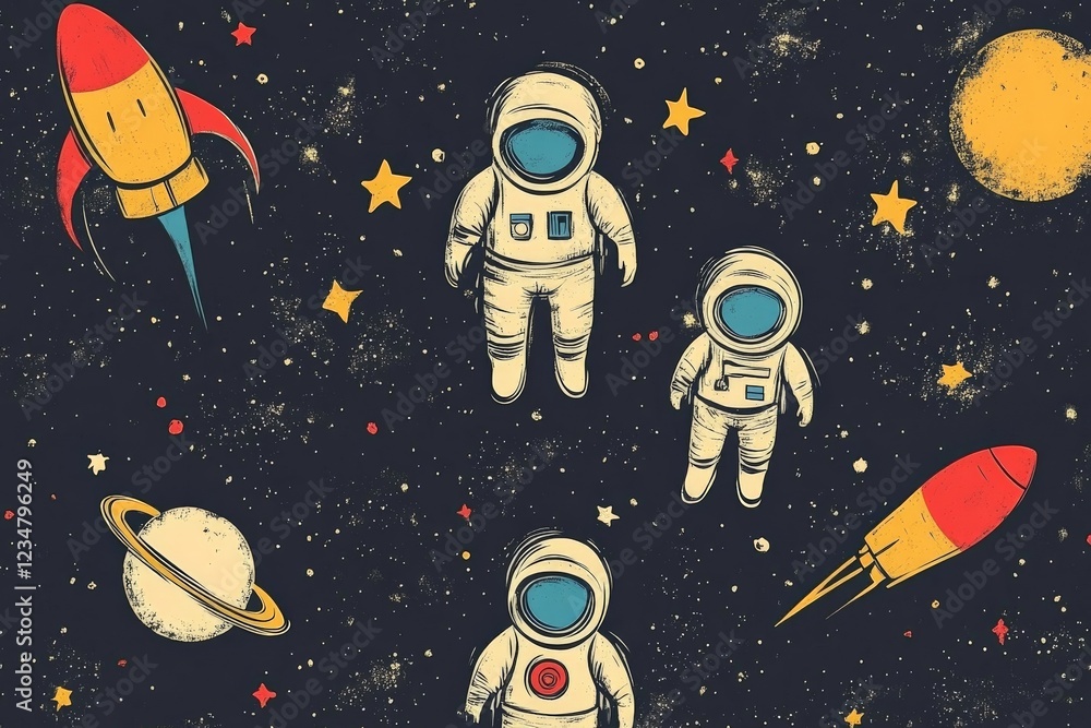 Poster Astronauts exploring outer space with rockets and planets in a colorful cosmic backdrop