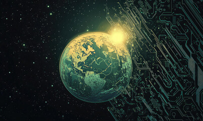 Fototapeta premium Futuristic Green Planet with Digital Circuitry - Sci-Fi Concept