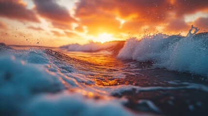Fototapeta premium Ocean waves crash against the shore during an orange sunset over water