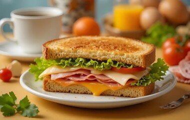 Toast sandwich with gouda cheese and turkey ham filled with tomato and lettuce on a bright background with ingredients in blurry background. Served with coffee and orange juice and eggs