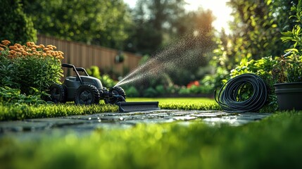 A garden vibrant with blooming flowers and lush grass is being cared for using a sprayer. Water droplets shimmer in the sunlight, creating a serene outdoor atmosphere