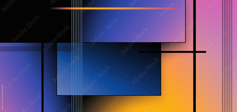Poster a vibrant abstract composition featuring geometric shapes and a gradient of colors transitioning fro