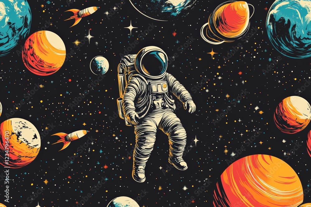 Aufkleber Astronaut floating in space surrounded by colorful planets and rockets