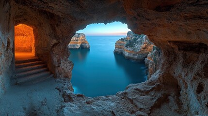 Coastal cave vista at sunrise, ocean view, stone steps