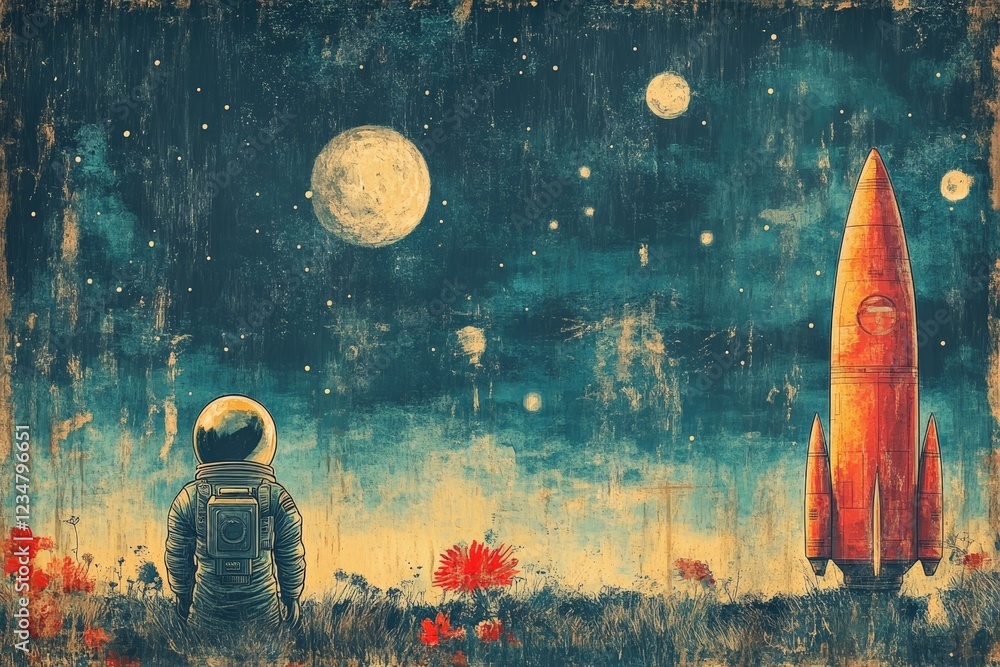 Poster astronaut gazes at a rocket under a starry sky with distant planets in a surreal landscape
