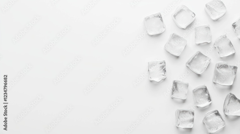 Poster a minimalistic arrangement of clear ice cubes on a white surface, creating a clean and refreshing vi