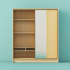 Stylish wooden wardrobe with mirrored doors on vibrant background 