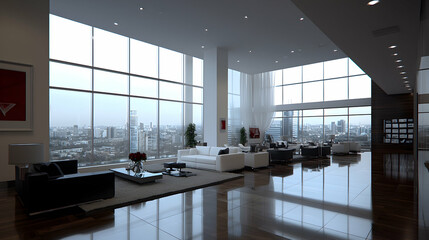 Obraz premium Modern penthouse living room, city view, luxury apartment, daytime